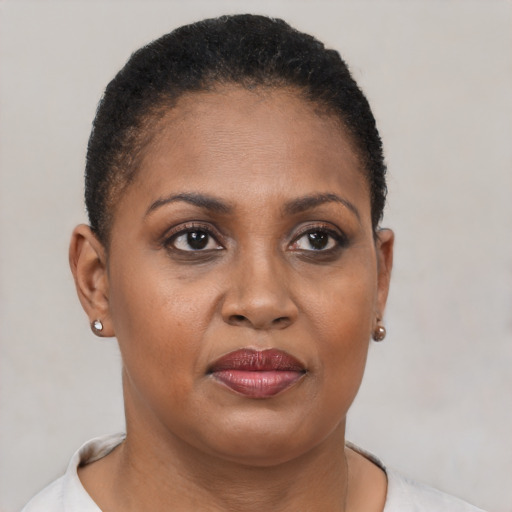 Joyful black adult female with short  brown hair and brown eyes