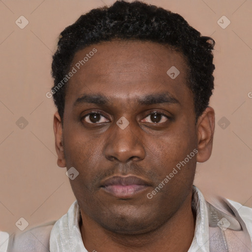 Neutral black young-adult male with short  black hair and brown eyes