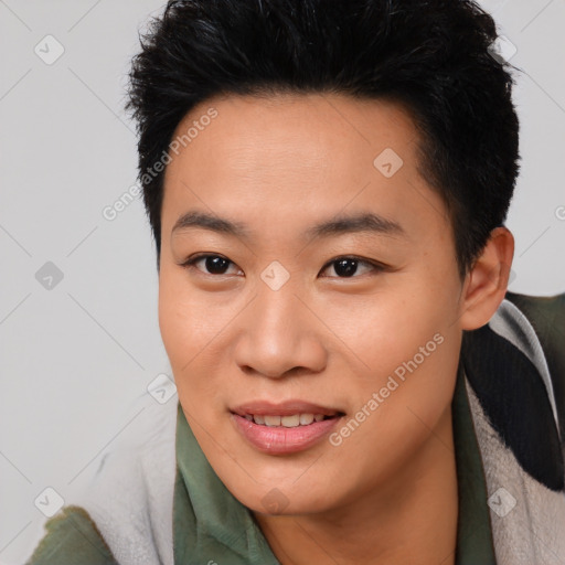 Joyful asian young-adult female with short  black hair and brown eyes