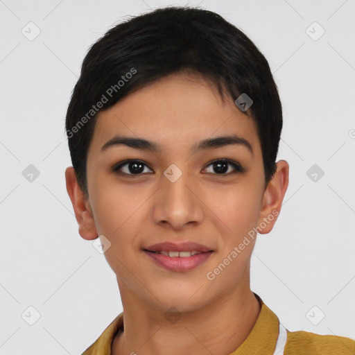 Joyful latino young-adult female with short  black hair and brown eyes