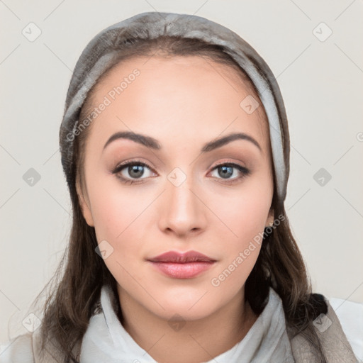 Neutral white young-adult female with medium  brown hair and brown eyes