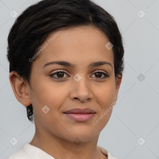 Joyful latino young-adult female with short  brown hair and brown eyes