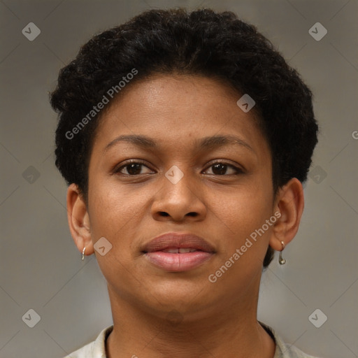 Joyful black young-adult female with short  brown hair and brown eyes