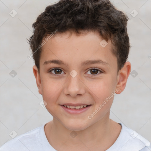 Joyful white child male with short  brown hair and brown eyes