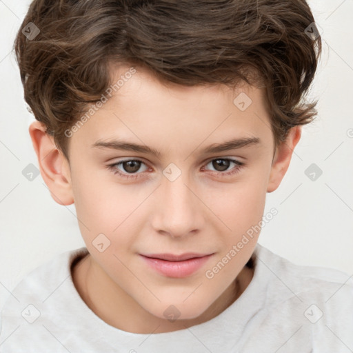 Joyful white child male with short  brown hair and brown eyes