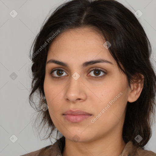 Neutral white young-adult female with medium  brown hair and brown eyes