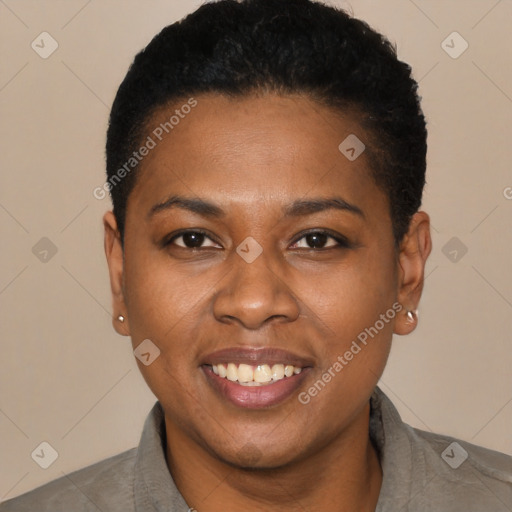 Joyful latino young-adult female with short  black hair and brown eyes
