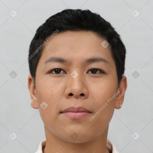 Neutral asian young-adult male with short  black hair and brown eyes