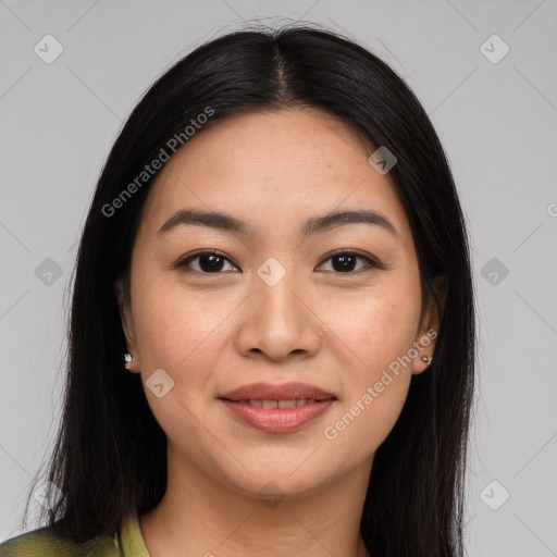 Joyful white young-adult female with medium  brown hair and brown eyes