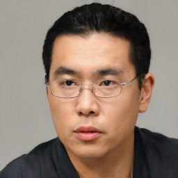 Neutral asian adult male with short  black hair and brown eyes