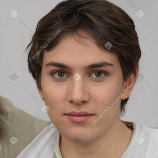 Neutral white young-adult female with short  brown hair and brown eyes