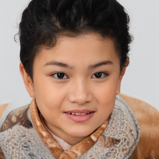 Joyful latino child female with short  brown hair and brown eyes