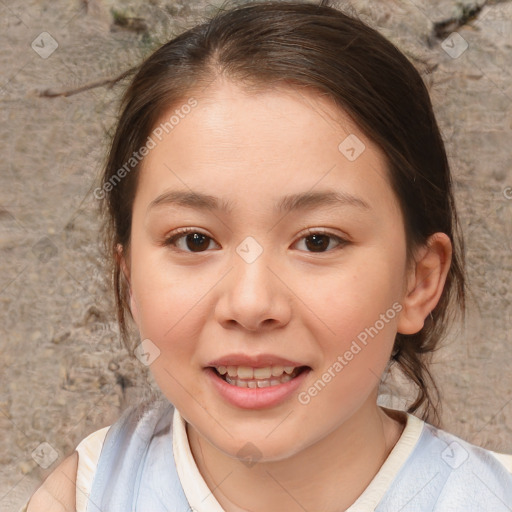 Joyful white child female with medium  brown hair and brown eyes