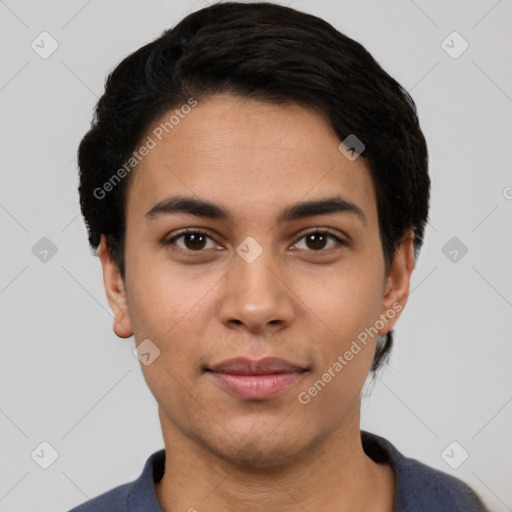 Joyful latino young-adult male with short  black hair and brown eyes