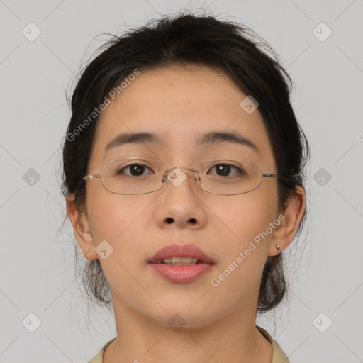 Neutral asian young-adult female with medium  brown hair and brown eyes