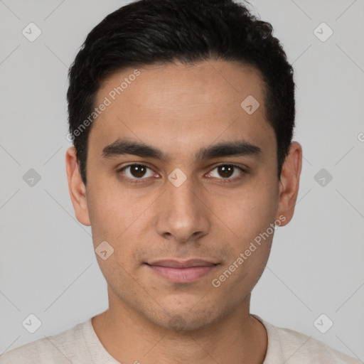 Neutral latino young-adult male with short  black hair and brown eyes