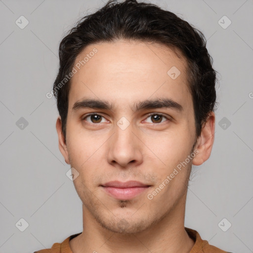 Neutral white young-adult male with short  brown hair and brown eyes