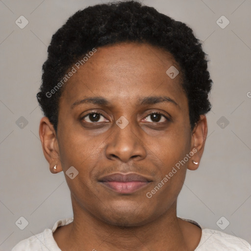 Neutral black young-adult female with short  brown hair and brown eyes