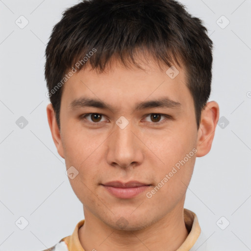 Neutral white young-adult male with short  brown hair and brown eyes