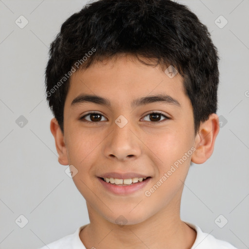 Joyful white child male with short  brown hair and brown eyes