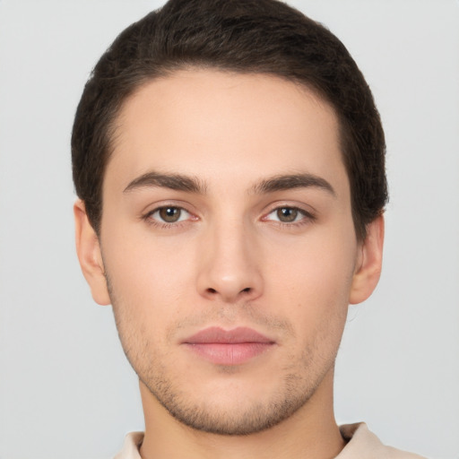 Neutral white young-adult male with short  brown hair and brown eyes