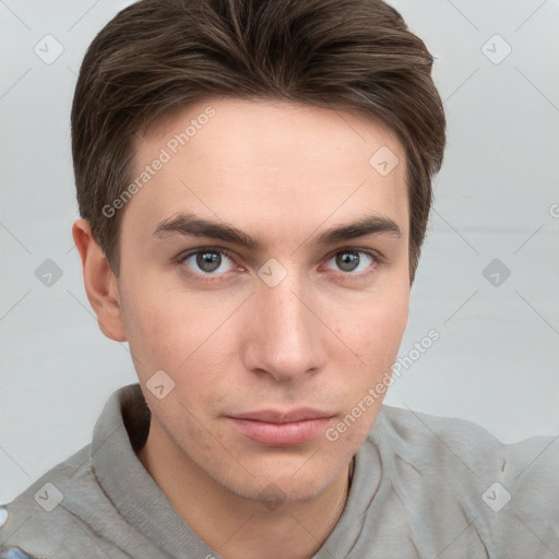 Neutral white young-adult male with short  brown hair and grey eyes