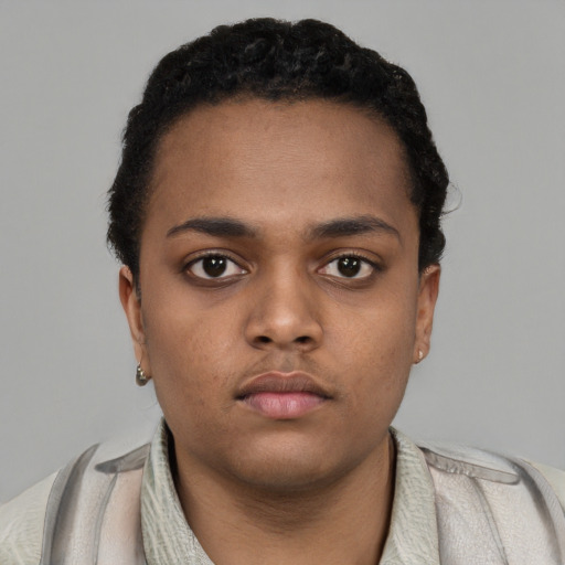 Neutral black young-adult female with short  black hair and brown eyes