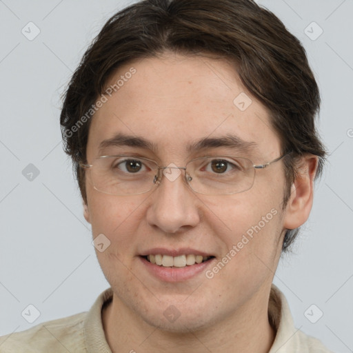 Joyful white adult female with short  brown hair and brown eyes