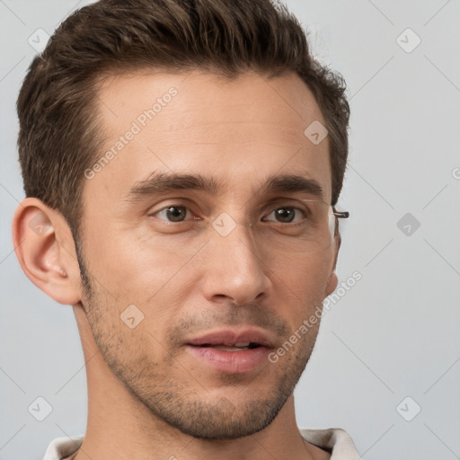 Neutral white young-adult male with short  brown hair and brown eyes