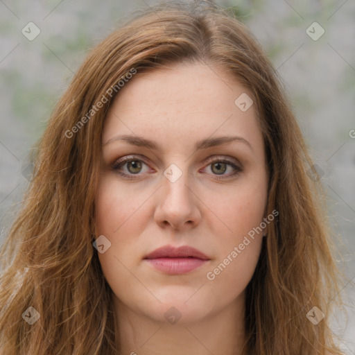 Joyful white young-adult female with long  brown hair and green eyes