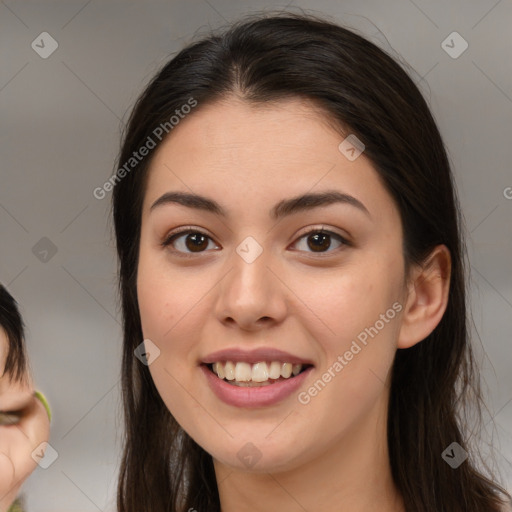 Joyful white young-adult female with medium  brown hair and brown eyes