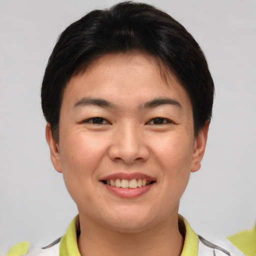 Joyful asian young-adult female with short  brown hair and brown eyes