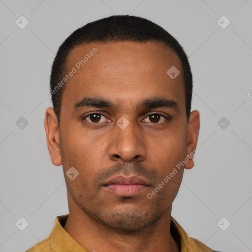 Neutral latino young-adult male with short  black hair and brown eyes