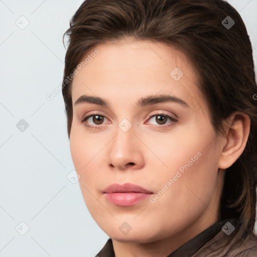 Neutral white young-adult female with long  brown hair and brown eyes