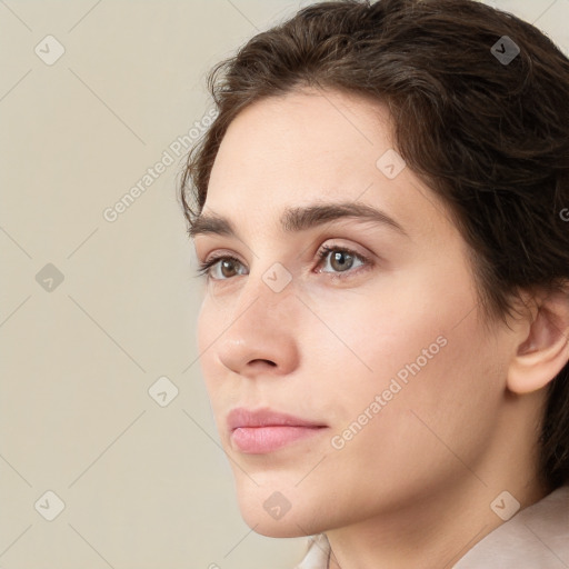 Neutral white young-adult female with short  brown hair and brown eyes