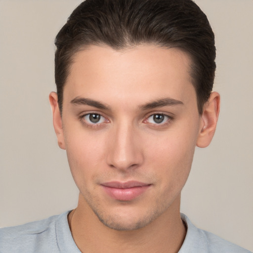 Neutral white young-adult male with short  brown hair and brown eyes