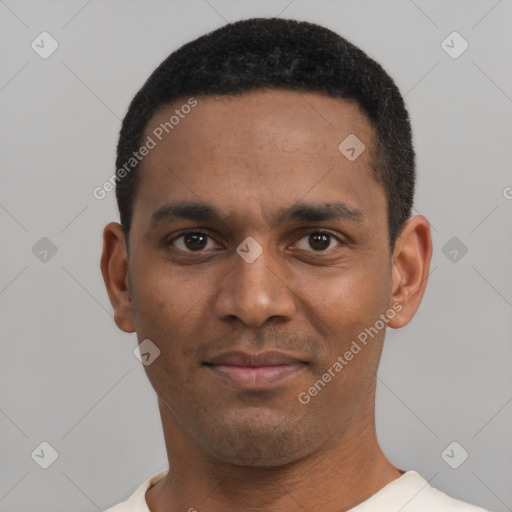 Neutral black young-adult male with short  black hair and brown eyes