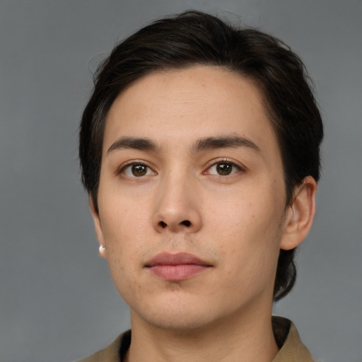 Neutral asian young-adult male with short  brown hair and brown eyes