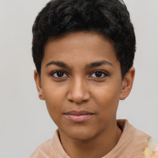Neutral latino young-adult female with short  black hair and brown eyes