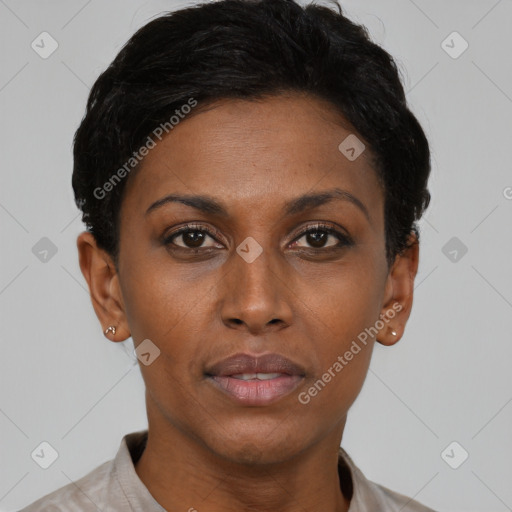 Neutral black young-adult female with short  brown hair and brown eyes