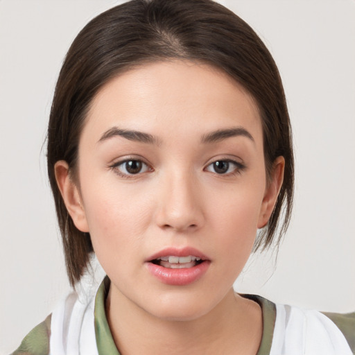 Neutral white young-adult female with medium  brown hair and brown eyes