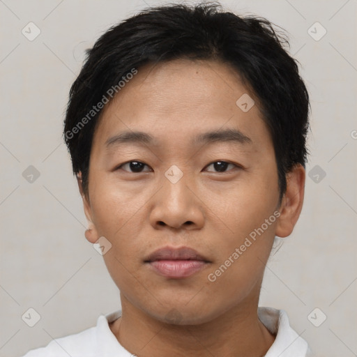 Neutral asian young-adult male with short  black hair and brown eyes