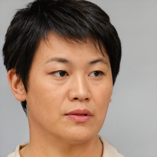 Neutral asian young-adult female with short  brown hair and brown eyes
