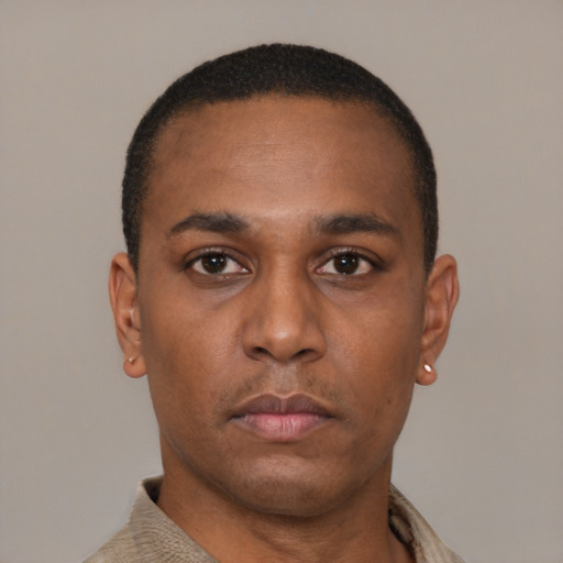 Neutral latino adult male with short  black hair and brown eyes