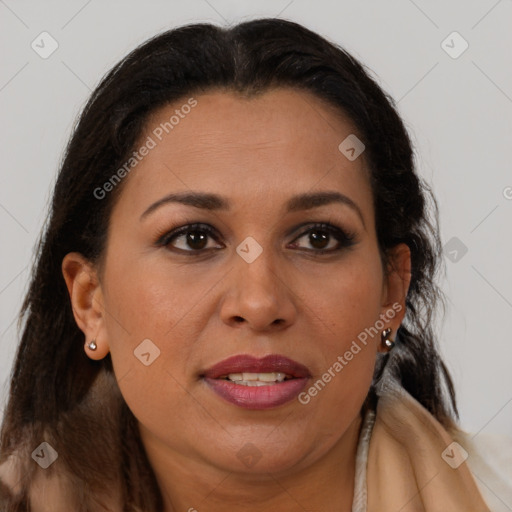 Joyful latino young-adult female with long  brown hair and brown eyes