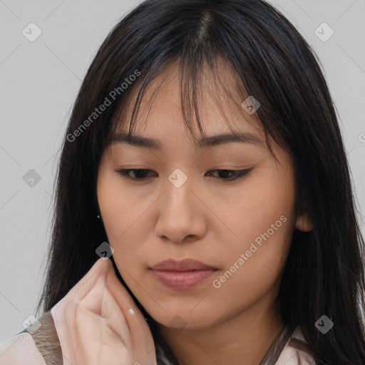 Neutral asian young-adult female with long  brown hair and brown eyes