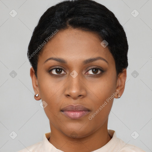 Neutral latino young-adult female with short  black hair and brown eyes