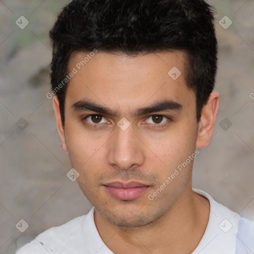 Neutral latino young-adult male with short  black hair and brown eyes