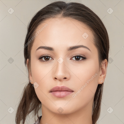 Neutral white young-adult female with medium  brown hair and brown eyes