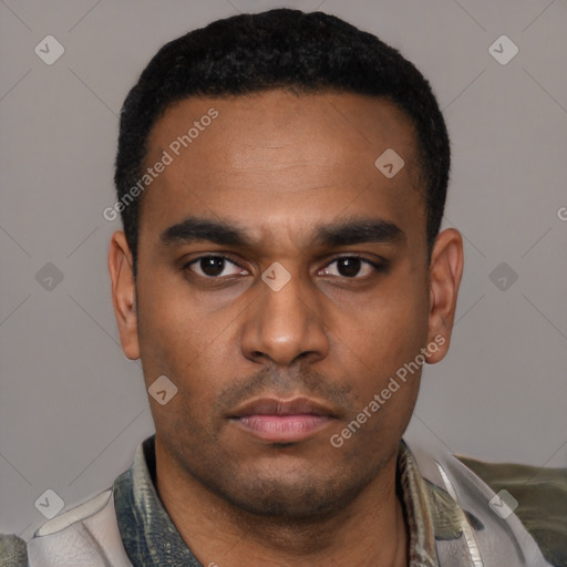 Neutral latino young-adult male with short  black hair and brown eyes